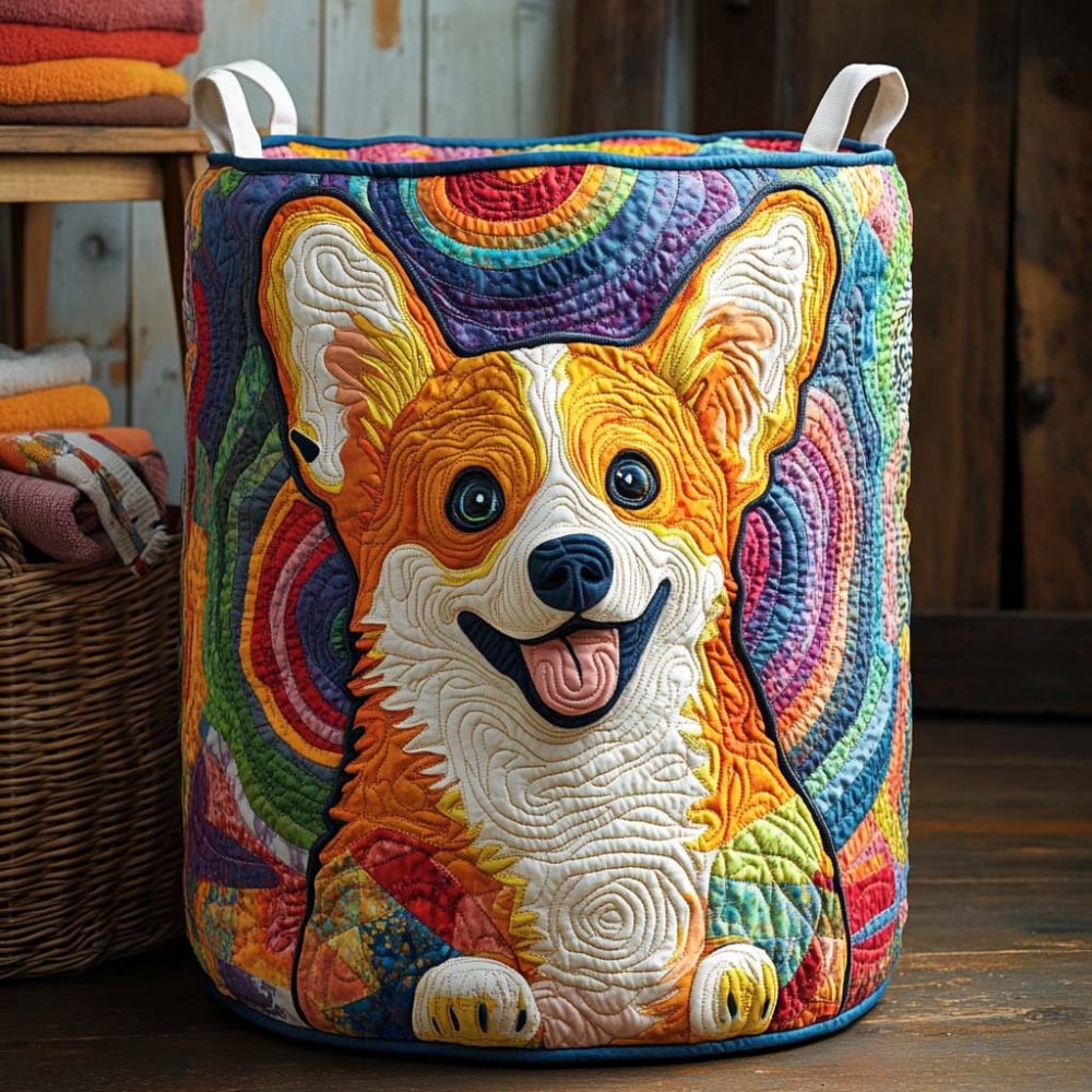 Happy Corgi Quilted Laundry Basket – Playful Dog Print Fabric Hamper, Foldable Bright Organizer For Kids' Clothes & Toys With Handles
