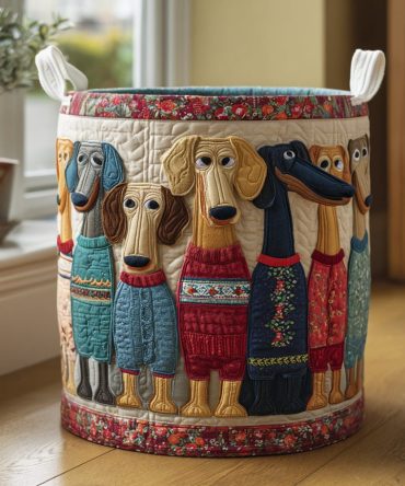Happy Dachshunds Quilted Laundry Hamper - Cute Dog Print Collapsible Fabric Basket For Pet Lovers, Bedroom & Bathroom Storage
