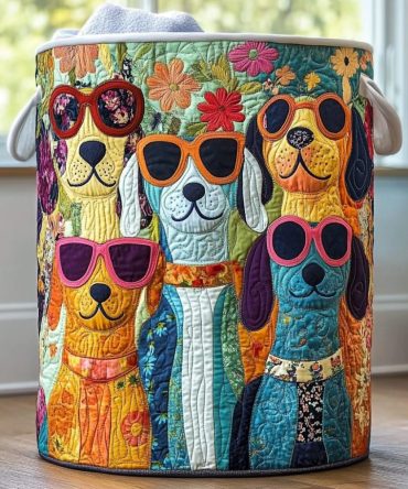 Happy Dogs Quilted Laundry Basket — Playful Canine Print Foldable Hamper With Durable Handles For Pet Lovers