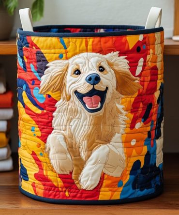 Happy Fetch Quilted Laundry Hamper — Playful Dog-Print Fabric Basket, Roomy Foldable Laundry Organizer With Comfortable Handles