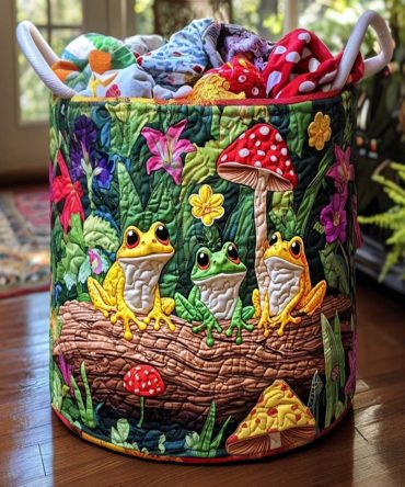 Happy Frogs Quilted Laundry Hamper — Playful Amphibian Print Storage Basket, Collapsible Kids Laundry Organizer With Handles