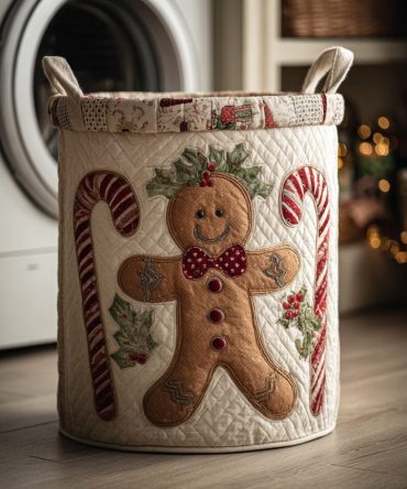 Happy Gingerbread Quilted Hamper - Holiday-Themed Collapsible Laundry Basket & Festive Fabric Storage Bin With Handles