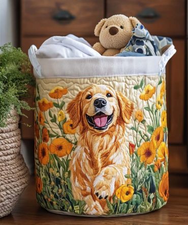 Happy Golden Pup Quilted Laundry Hamper — Charming Dog Print Fabric Basket, Collapsible & Portable Laundry Storage With Handles
