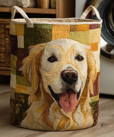 Happy Golden Retriever Quilted Fabric Laundry Hamper — Dog-Themed Foldable Laundry Basket With Reinforced Handles For Pet Lovers