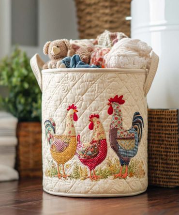 Happy Henhouse Quilted Laundry Hamper — Charming Chicken Print Collapsible Fabric Basket With Handles, Farmhouse Laundry Storage
