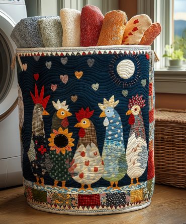 Happy Hens Quilted Laundry Hamper – Charming Farmhouse Chicken Print Foldable Laundry Basket, Durable Home Storage