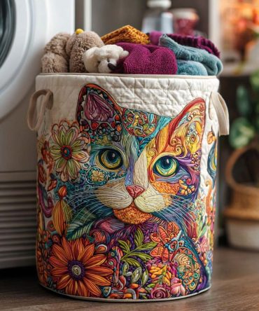 Happy Meow Quilted Fabric Laundry Hamper — Foldable Cat-Themed Laundry Basket With Reinforced Handles For Kids & Cat Lovers