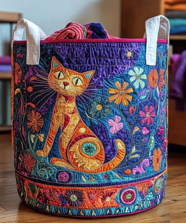 Happy Meow Quilted Laundry Hamper — Cat-Themed Foldable Storage Basket For Cute, Compact Bedroom And Dorm Organization