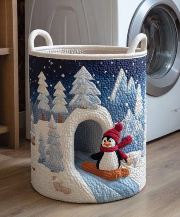 Happy Penguin Winter Quilted Hamper — Fun Kids’ Collapsible Laundry Basket With Handles , Playful Winter-Themed Storage Organizer