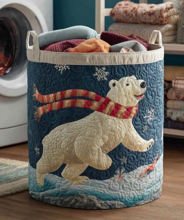 Happy Polar Bear Quilted Laundry Hamper – Cheerful Bear Design, Foldable Large Washable Linen Basket With Comfortable Carry Handles