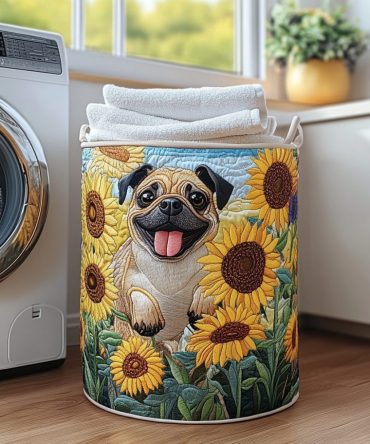 Happy Pug Quilted Laundry Hamper — Cute Dog Print Storage Basket, Soft Quilted Fabric, Collapsible, Sturdy Handles