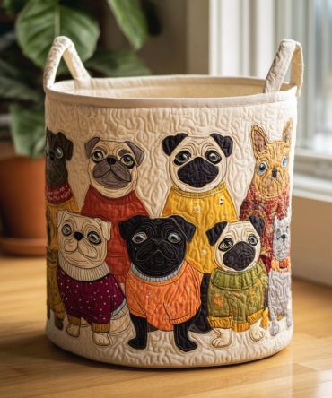 Happy Pug Quilted Laundry & Pet Blanket Basket — Foldable Decorative Hamper With Handles For Dog Lovers, Nursery & Living Room Storage