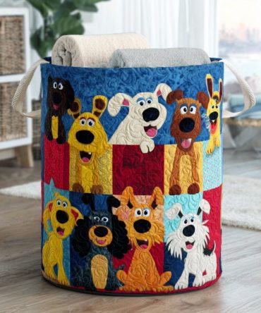 Happy Pup Quilted Laundry Hamper – Cute Dog Print Foldable Laundry Basket With Sturdy Handles For Pets & Kids
