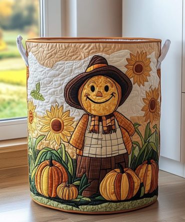 Cheerful Happy Scarecrow Quilted Laundry Hamper — Bright Decorative Fabric Laundry Bin, Foldable & Washable
