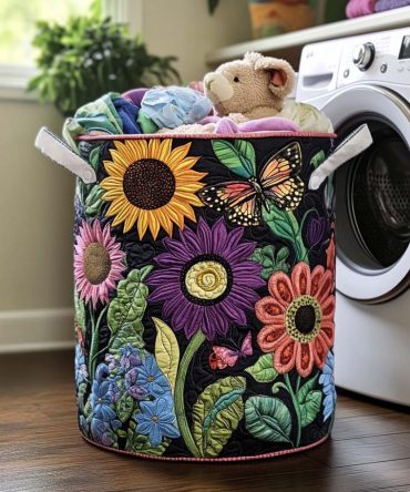 Happy Sun Glow Quilted Laundry Hamper — Bright Quilted Laundry Basket, Collapsible With Handles For Kids, Nursery & Home Use