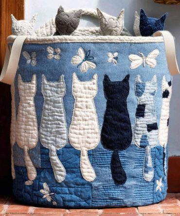 Happy Whiskers Quilted Laundry Hamper — Cheerful Cat Print Collapsible Laundry Basket With Handles, Large Decorative Organizer For Kids & Adults