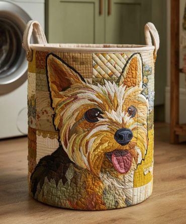 Happy Yorkshire Quilted Laundry Hamper - Charming Yorkshire Terrier Print Foldable Fabric Laundry Basket, Durable & Washable