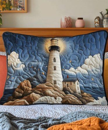 Harbor Light Quilted Pillowcase — Nautical Coastal Decorative Sham, Soft Textured Bed Accent For Beachy Bedrooms & Guest Spaces