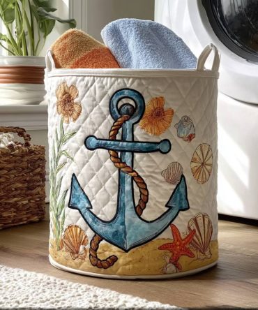 Harbor Hues Quilted Laundry Hamper — Coastal-Inspired Fabric Basket, Large Collapsible Washable Hamper With Handles For Beachy Home Decor