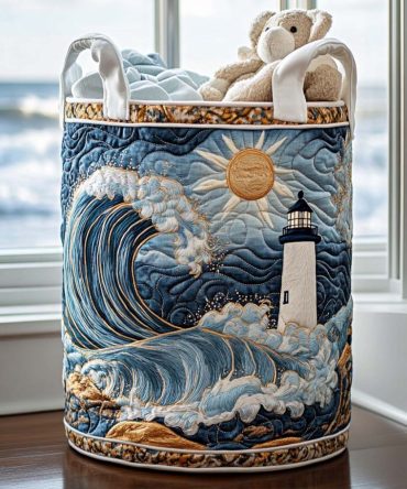 Harbor Light Quilted Hamper — Elegant Coastal Laundry Basket, Foldable Fabric Organizer With Sturdy Handles For Home & Bath