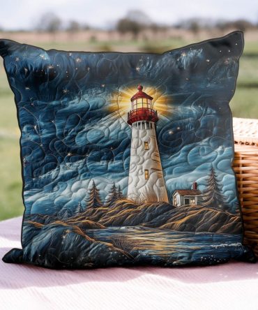 Harbor Light Quilted Decorative Pillow Cover - Nautical Coastal Motif With Quilted Texture To Brighten Beachy Living Rooms & Patios