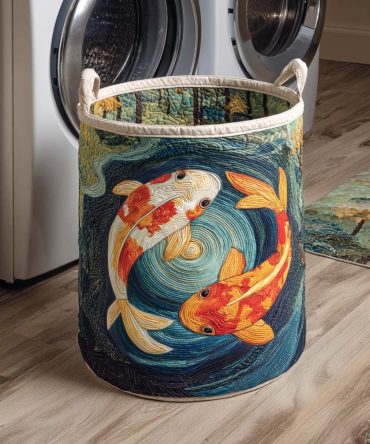 Koi Harmony Quilted Laundry Hamper — Elegant Koi Fish Pattern Fabric Basket With Handles, Collapsible & Decorative Organizer