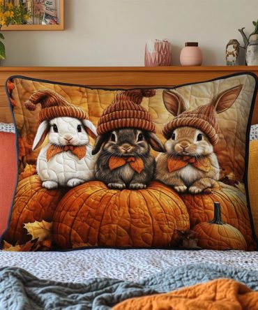Harvest Bunny Time Quilted Pillow Cover — Charming Autumn Bunny Decorative Pillowcase, Soft Quilted Sham For Fall & Seasonal Decor