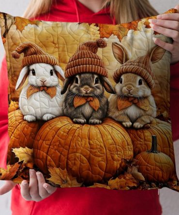 Autumn Harvest Bunny Quilted Throw Pillow Cover — Rustic Farmhouse Decorative Cushion Case For Fall Home Styling