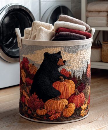 Harvest Bear Quilted Laundry Hamper — Autumn Bear Print Collapsible Fabric Basket, Large Washable Laundry Organizer With Handles