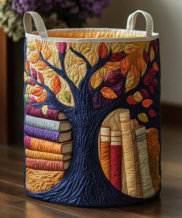 Harvest Books Tree Quilted Laundry Hamper – Rustic Collapsible Fabric Basket With Reinforced Handles, Cozy Storage For Living Room & Nursery