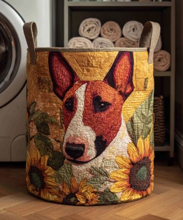 Harvest Bull Terrier Quilted Laundry Hamper — Autumn Farmhouse Foldable Storage Basket For Seasonal Laundry & Decor