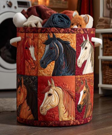 Harvest Gallop Quilted Laundry Hamper — Autumn Equestrian Fabric Basket, Collapsible Home Organizer With Durable Stitching & Comfortable Handles