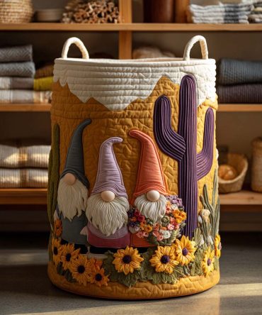 Harvest Gnome Quilted Laundry Hamper - Whimsical Fall Fabric Basket With Handles, Foldable Decorative Laundry Organizer & Seasonal Storage Bin