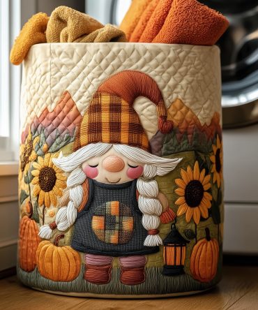 Classic Harvest Gnome Quilted Laundry Hamper — Durable Decorative Fabric Basket For Seasonal Storage, Kids Room, Closet & Nursery — Foldable