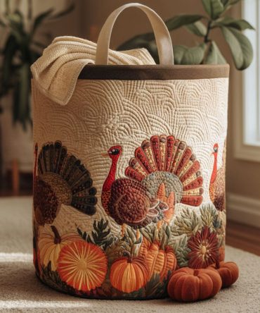 Harvest Gobbler Quilted Laundry Basket — Autumn-Themed Fabric Hamper, Collapsible Seasonal Laundry Storage With Carrying Handles