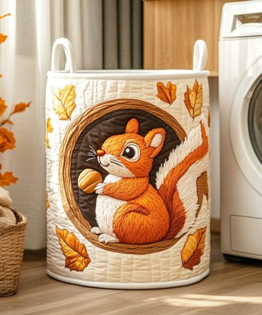 Harvest Squirrel Quilted Laundry Hamper - Adorable Woodland Print Collapsible Washable Basket For Bedroom, Nursery & Gifts