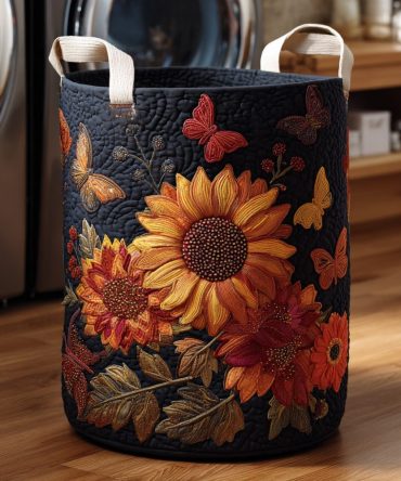 Harvest Sunflower Quilted Laundry Hamper — Rustic Floral Fabric Basket With Handles, Foldable Laundry Organizer For Home Storage