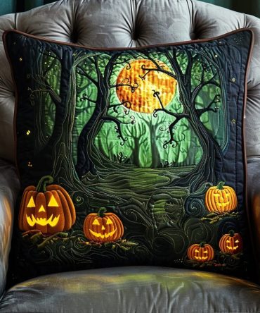 Haunted Forest Pumpkins Quilted Pillow Cover — Spooky Autumn Throw Pillowcase For Halloween Decor, Durable Cotton Blend