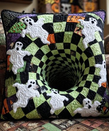 Haunted Whirl Quilted Halloween Pillow Cover — Spooky Swirl Design, Soft Quilting For Festive Mantel, Couch & Party Decor
