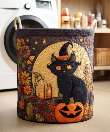 Haunted Cat Quilted Laundry Hamper - Spooky Cat Print Collapsible Fabric Basket, Themed Laundry Storage For Halloween Décor & Year-Round Fun