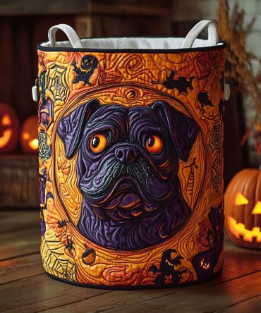 Haunted Frenchie Faces Quilted Laundry Hamper — Spooky French Bulldog Storage Basket, Fold-Flat Cotton Organizer, Unique Gift Idea