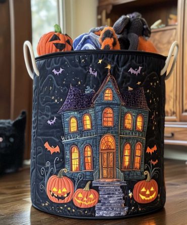 Haunted Glow Quilted Laundry Hamper - Glow Accent Fabric Storage Basket With Handles, Large Foldable Halloween Laundry Organizer, Machine-Wash Friendly