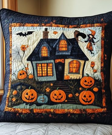 Haunted House Halloween Quilted Pillow Cover — Spooky Architectural Accent For Seasonal Decor, Durable Quilt Texture, Machine-Friendly Care