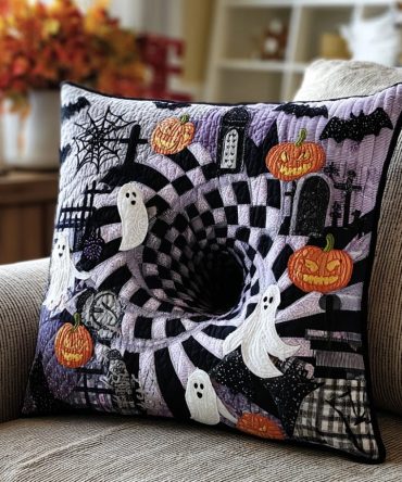 Haunted Spiral Quilted Pillow Cover — Gothic Halloween Home Accent, Detailed Spiral Print On Soft Quilted Fabric, Zippered Decorative Case