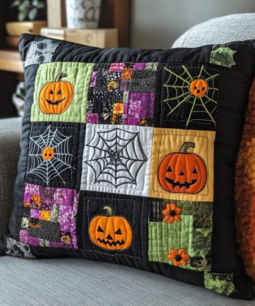 Patchwork Halloween Quilted Pillow Cover – Haunting Patch Stitch Decorative Throw Cushion For Seasonal Home Decor