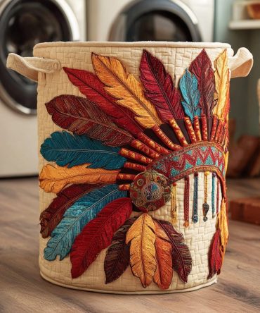 Headdress Mountain Spirit Quilted Laundry Hamper — Rustic Boho Fabric Basket, Sturdy Collapsible Organizer For Clothes & Linens