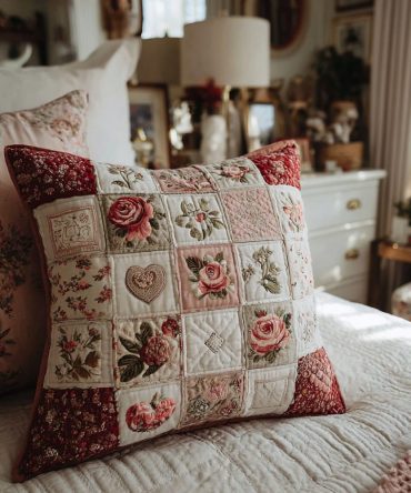 Heart Bloom Quilted Decorative Pillow Cover: Cotton-Blend Throw Pillowcase For Bed & Sofa, Reversible, Machine Washable, Gift