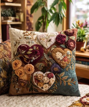 Romantic Heart Garden Quilted Throw Pillow Cover — Soft Floral Accent For Bedroom, Living Room & Gift-Ready Home Décor