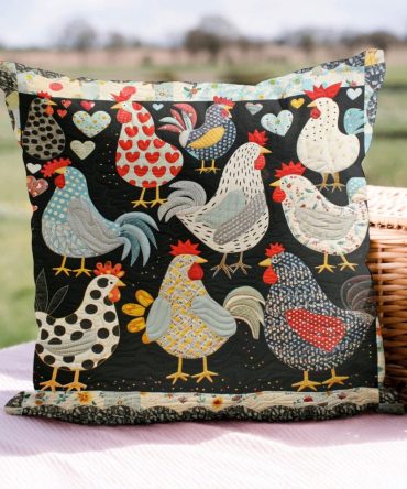 Heart Chickens Quilted Pillow Cover — Cute Heart & Hen Farmhouse Throw For Kitchen Bench & Living Room, Soft Quilted Accent