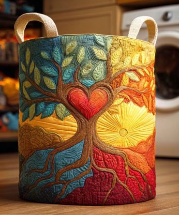Heart Fruit Tree Quilted Laundry Hamper - Whimsical Heart & Fruit Print Foldable Fabric Laundry Basket, Lightweight & Washable